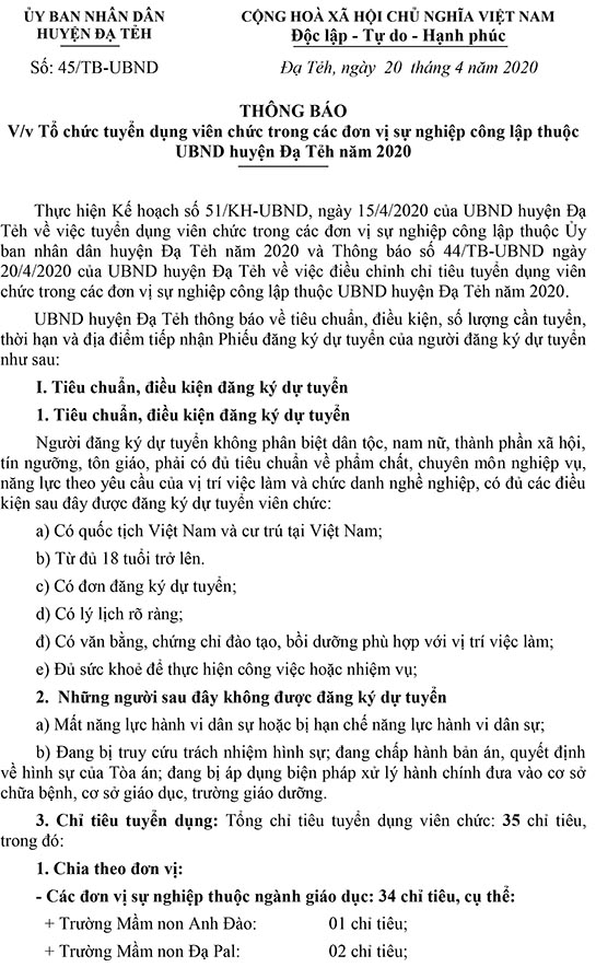 UBND huyện Đạ Tẻh, Lâm Đồng tuyển dụng viên chức giáo dục năm 2020