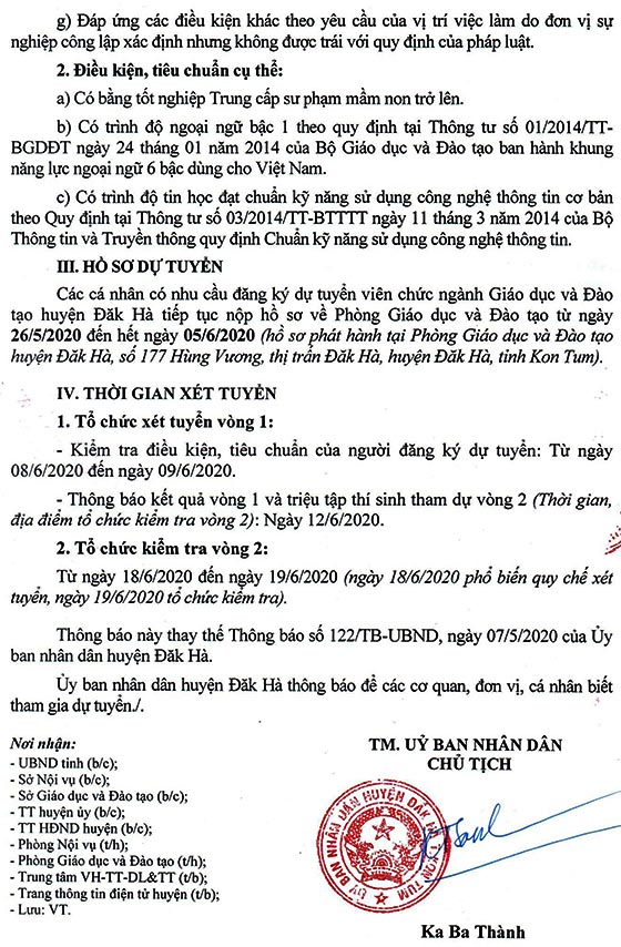 UBND huyện Đăk Hà, Kon Tum điều chỉnh thời gian tuyển dụng giáo viên năm 2019