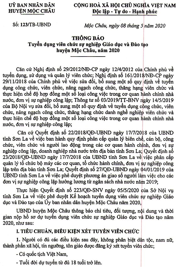UBND huyện Mộc Châu, Sơn La tuyển dụng giáo viên năm 2020