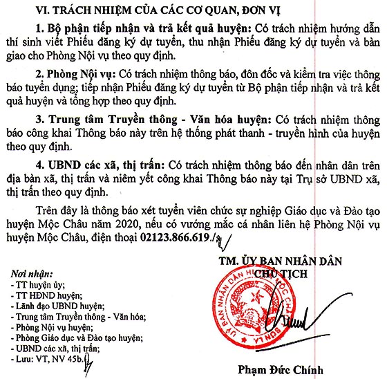 UBND huyện Mộc Châu, Sơn La tuyển dụng giáo viên năm 2020