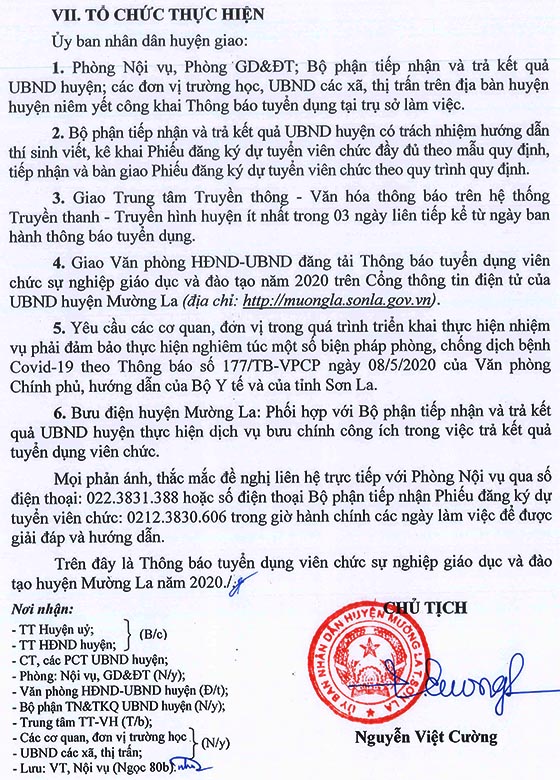 UBND huyện Mường La, Sơn La tuyển dụng giáo viên năm 2020
