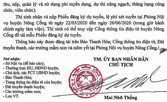 UBND huyện Nông Cống, Thanh Hóa thông báo tuyển dụng giáo viên mầm non năm 2020