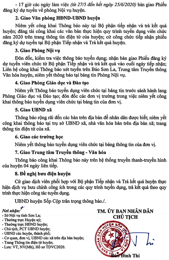 UBND huyện Sốp Cộp, Sơn La thông báo tuyển dụng viên chức giáo dục năm 2020