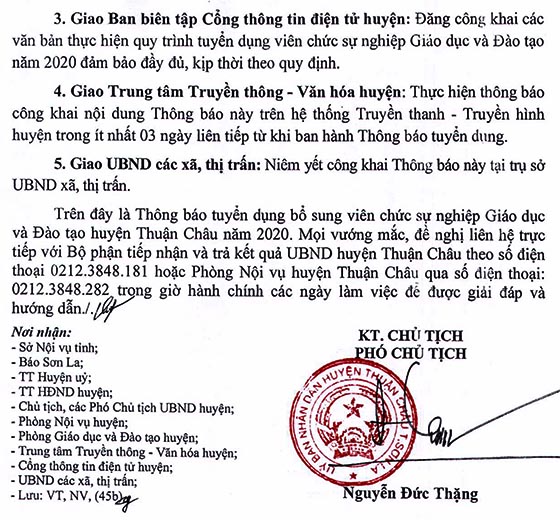 UBND huyện Thuận Châu, Sơn La tuyển dụng giáo viên năm 2020