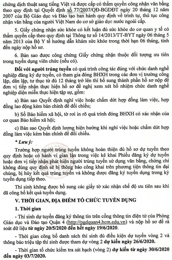 UBND Quận 4, TP.HCM tuyển dụng viên chức giáo dục năm 2020-2021