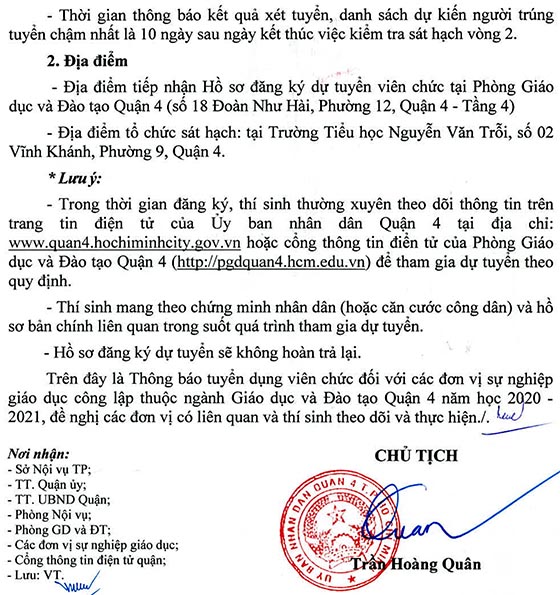 UBND Quận 4, TP.HCM tuyển dụng viên chức giáo dục năm 2020-2021