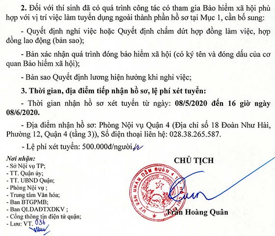 UBND Quận 4, TP.HCM xét tuyển viên chức năm 2020