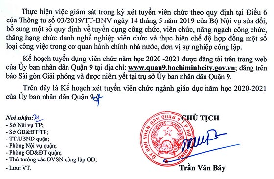 UBND Quận 9, TP.HCM tuyển dụng viên chức giáo dục năm học 2020 - 2021
