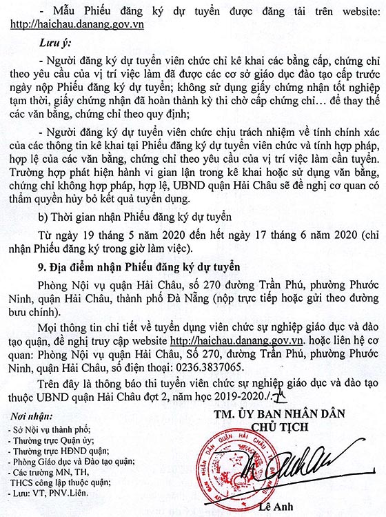 UBND quận Hải Châu, TP.Đà Nẵng tuyển dụng giáo viên đợt 2, năm học 2019-2020