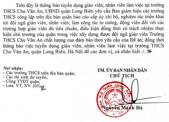 UBND quận Long Biên, Hà Nội tuyển dụng giáo viên, nhân viên năm 2020