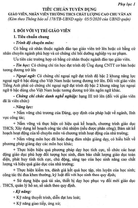 UBND quận Long Biên, Hà Nội tuyển dụng giáo viên, nhân viên năm 2020