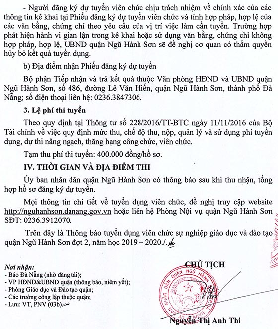 UBND quận Ngũ Hành Sơn, TP.Đà Nẵng tuyển dụng giáo viên đợt 2 năm học 2019-2020