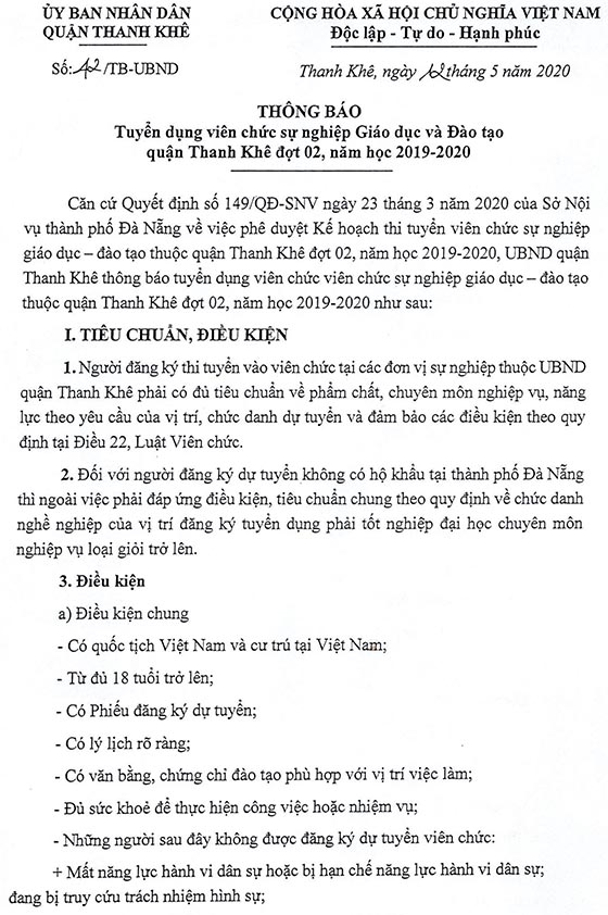 UBND quận Thanh Khê, TP.Đà Nẵng tuyển dụng giáo viên đợt 2, năm học 2019 – 2020