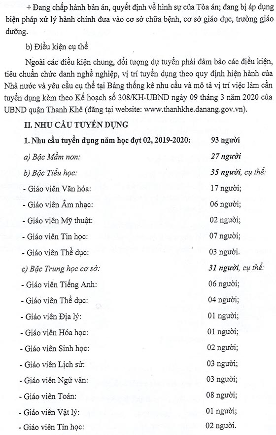 UBND quận Thanh Khê, TP.Đà Nẵng tuyển dụng giáo viên đợt 2, năm học 2019 – 2020