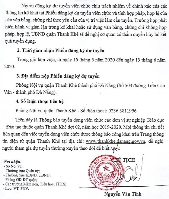 UBND quận Thanh Khê, TP.Đà Nẵng tuyển dụng giáo viên đợt 2, năm học 2019 – 2020