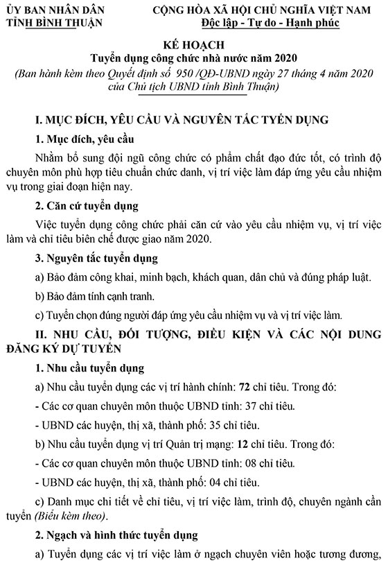 UBND tỉnh Bình Thuận tuyển dụng công chức năm 2020
