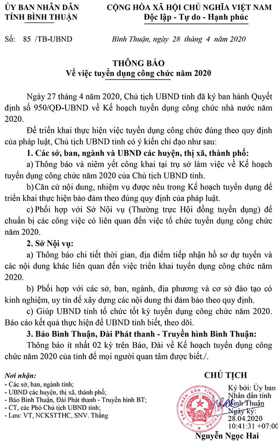 UBND tỉnh Bình Thuận tuyển dụng công chức năm 2020