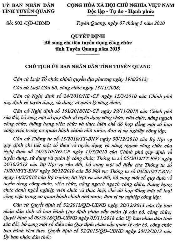 UBND tỉnh Tuyên Quang bổ sung chỉ tiêu tuyển dụng công chức năm 2019