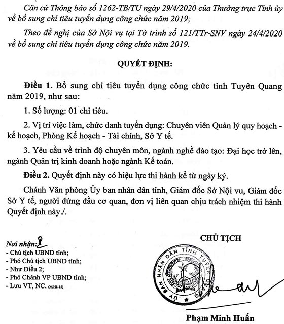 UBND tỉnh Tuyên Quang bổ sung chỉ tiêu tuyển dụng công chức năm 2019