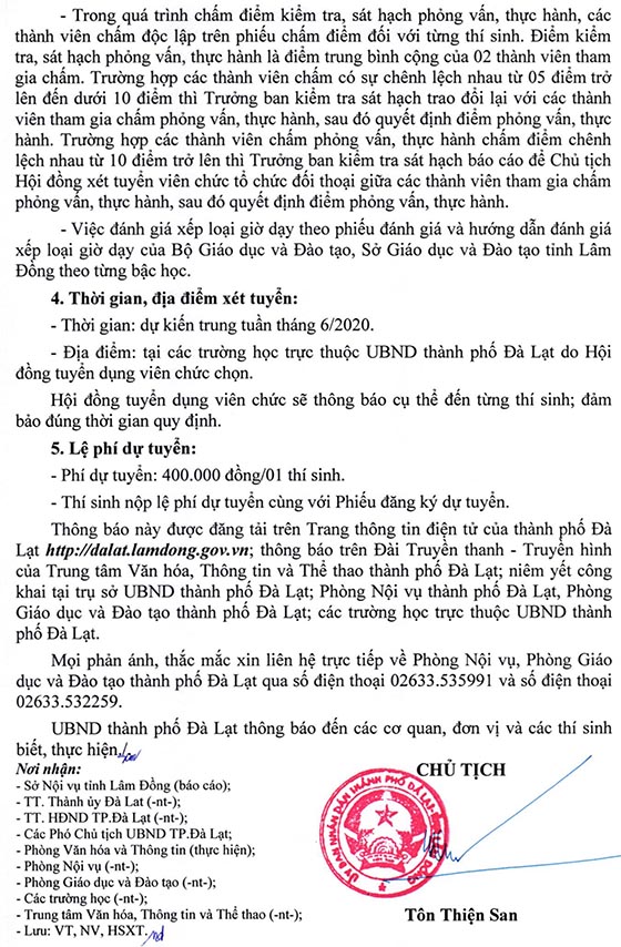 UBND TP. Đà Lạt, Lâm Đồng tuyển dụng viên chức giáo dục năm 2020