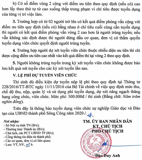 UBND TP. Sông Công, Thái Nguyên tuyển dụng viên chức giáo dục năm 2020