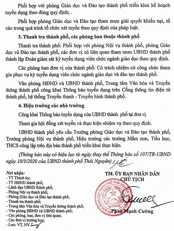 UBND TP.Thái Nguyên tuyển dụng viên chức giáo dục năm 2020