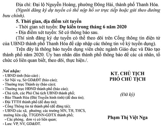 UBND TP.Thanh Hóa tuyển dụng viên chức giáo dục năm 2020