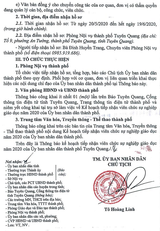 UBND TP.Tuyên Quang tiếp nhận giáo viên năm 2020