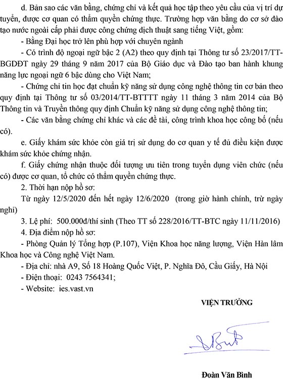 Viện Khoa học năng lượng, Viện Hàn lâm Khoa học và Công nghệ Việt Nam tuyển dụng viên chức năm 2020