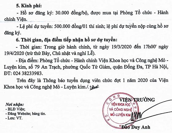 Viện Khoa học và Công nghệ Mỏ - Luyện kim tuyển dụng viên chức đợt 1 năm 2020