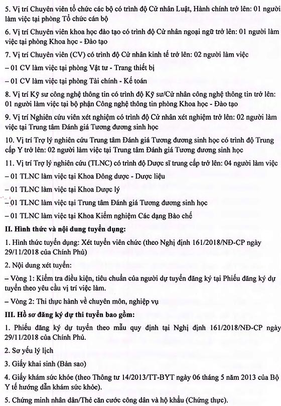 Viện Kiểm nghiệm thuốc TP.Hồ Chí Minh tuyển dụng viện chức đợt 1 năm 2020