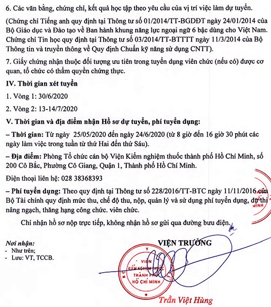 Viện Kiểm nghiệm thuốc TP.Hồ Chí Minh tuyển dụng viện chức đợt 1 năm 2020