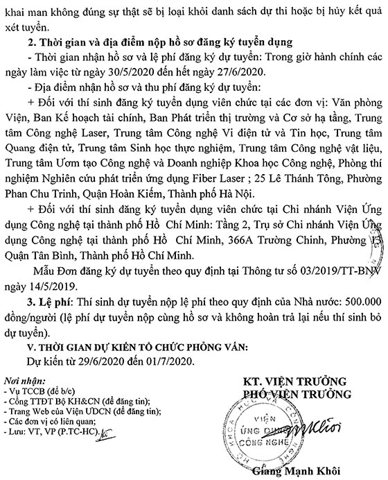 Viện Ứng dụng công nghệ tuyển dụng viên chức năm 2020