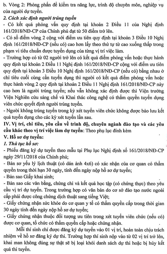 Viện Nghiên cứu sáng chế và Khai thác công nghệ tuyển dụng viên chức năm 2020