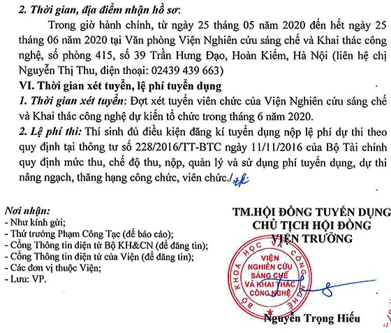 Viện Nghiên cứu sáng chế và Khai thác công nghệ tuyển dụng viên chức năm 2020