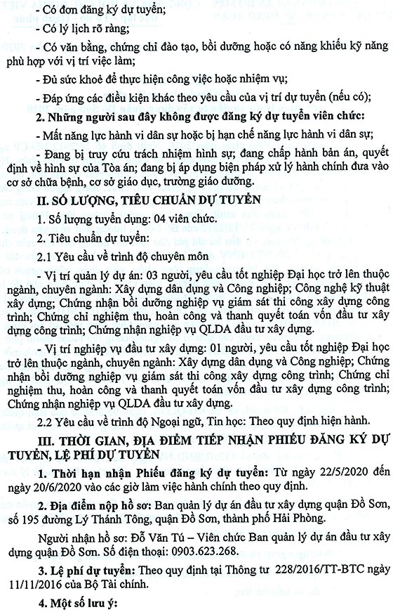 Ban quản lý dự án đầu tư xây dựng quận Đồ Sơn, TP.Hải Phòng tuyển dụng viên chức năm 2020