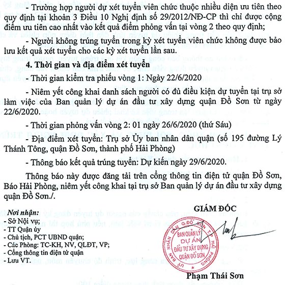 Ban quản lý dự án đầu tư xây dựng quận Đồ Sơn, TP.Hải Phòng tuyển dụng viên chức năm 2020
