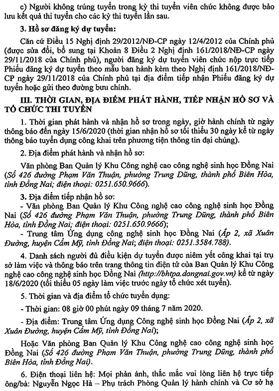 Ban Quản lý khu công nghệ cao công nghệ sinh học Đồng Nai tuyển dụng viên chức đợt 1 năm 2020