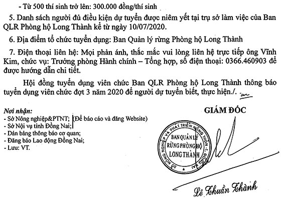 Ban Quản lý rừng phòng hộ Long Thành, Đồng Nai tuyển dụng viên chức đợt 3 năm 2020