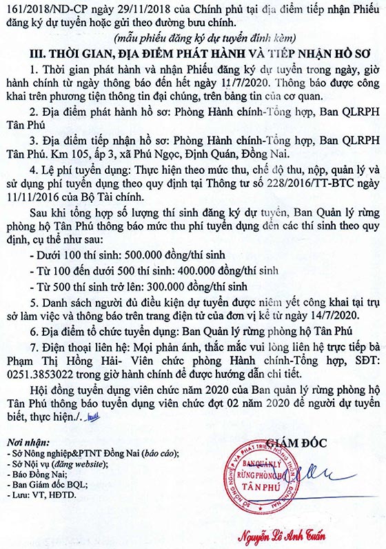 Ban Quản lý rừng phòng hộ Tân Phú, Đồng Nai tuyển dụng viên chức đợt 02 năm 2020