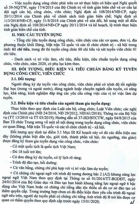 Ban Tổ chức Tỉnh ủy Quảng Bình tuyển dụng công chức, viên chức năm 2020 