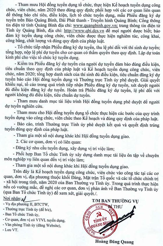 Ban Tổ chức Tỉnh ủy Quảng Bình tuyển dụng công chức, viên chức năm 2020 