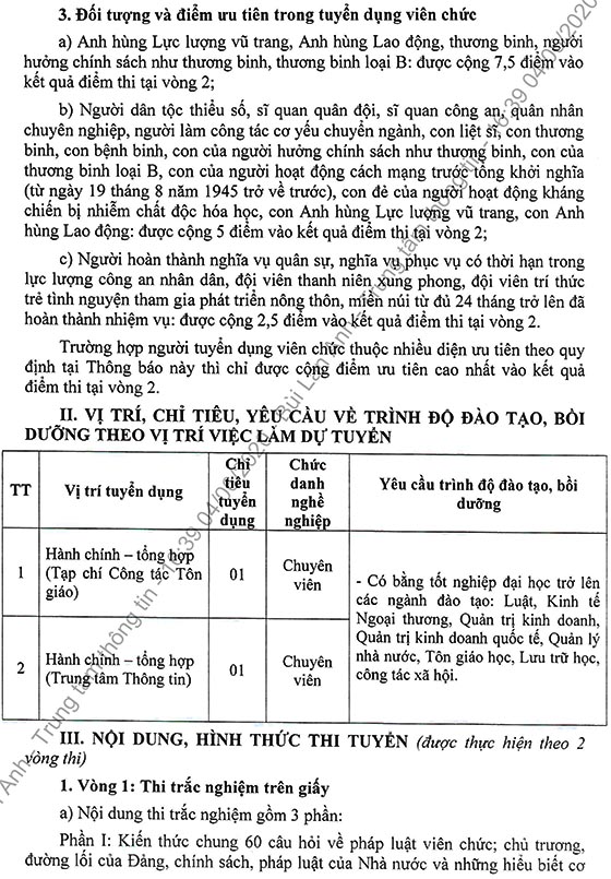 Ban Tôn giáo Chính phủ bổ sung chỉ tiêu tuyển dụng viên chức năm 2020