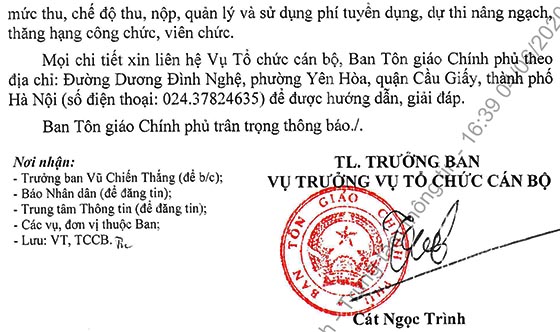 Ban Tôn giáo Chính phủ bổ sung chỉ tiêu tuyển dụng viên chức năm 2020