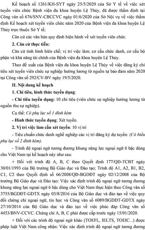 Bệnh viện đa khoa huyện Lệ Thủy, Quảng Bình tuyển dụng viên chức năm 2020
