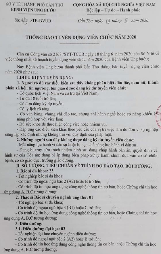 Bệnh viện Ung bướu TP. Cần Thơ tuyển dụng viên chức năm 2020