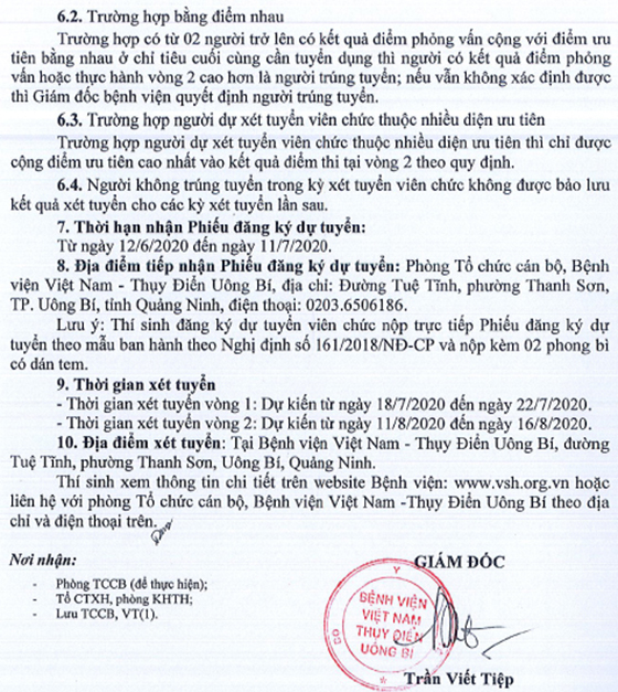 Bệnh viện Việt Nam - Thụy Điển Uông Bí, Quảng Ninh tuyển dụng viên chức năm 2020