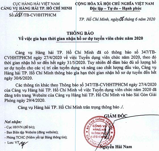 Cảng vụ Hàng hải TP.Hồ Chí Minh gia hạn thời gian nhận hồ sơ dự tuyển viên chức năm 2020