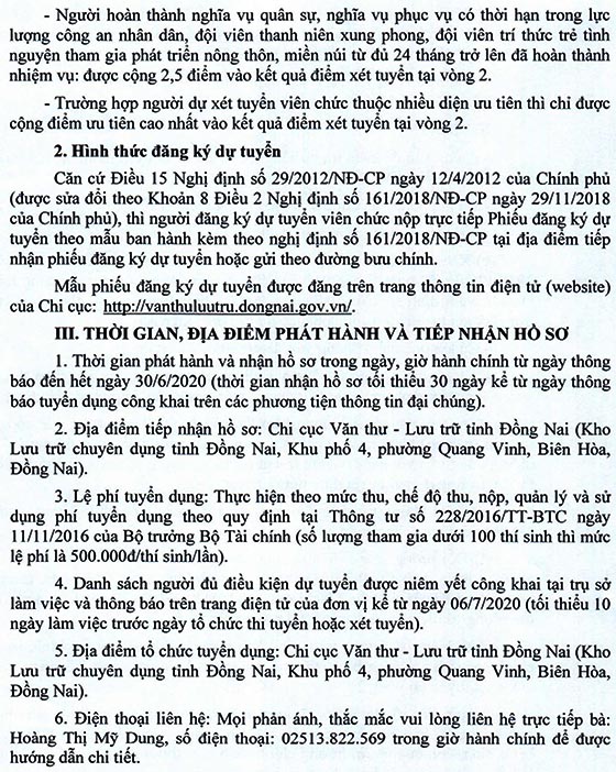 Chi cục Văn thư - Lưu trữ tỉnh Đồng Nai tuyển dụng viên chức đợt 1 năm 2020
