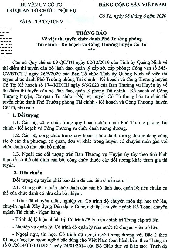 Cơ quan Tổ chức - Nội vụ huyện Cô Tô, Quảng Ninh thi tuyển công chức năm 2020